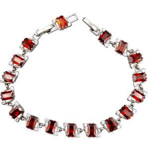 Platinum Plated Garnet Red Bracelet Emerald Cut Stones Waterproof & Adjustable